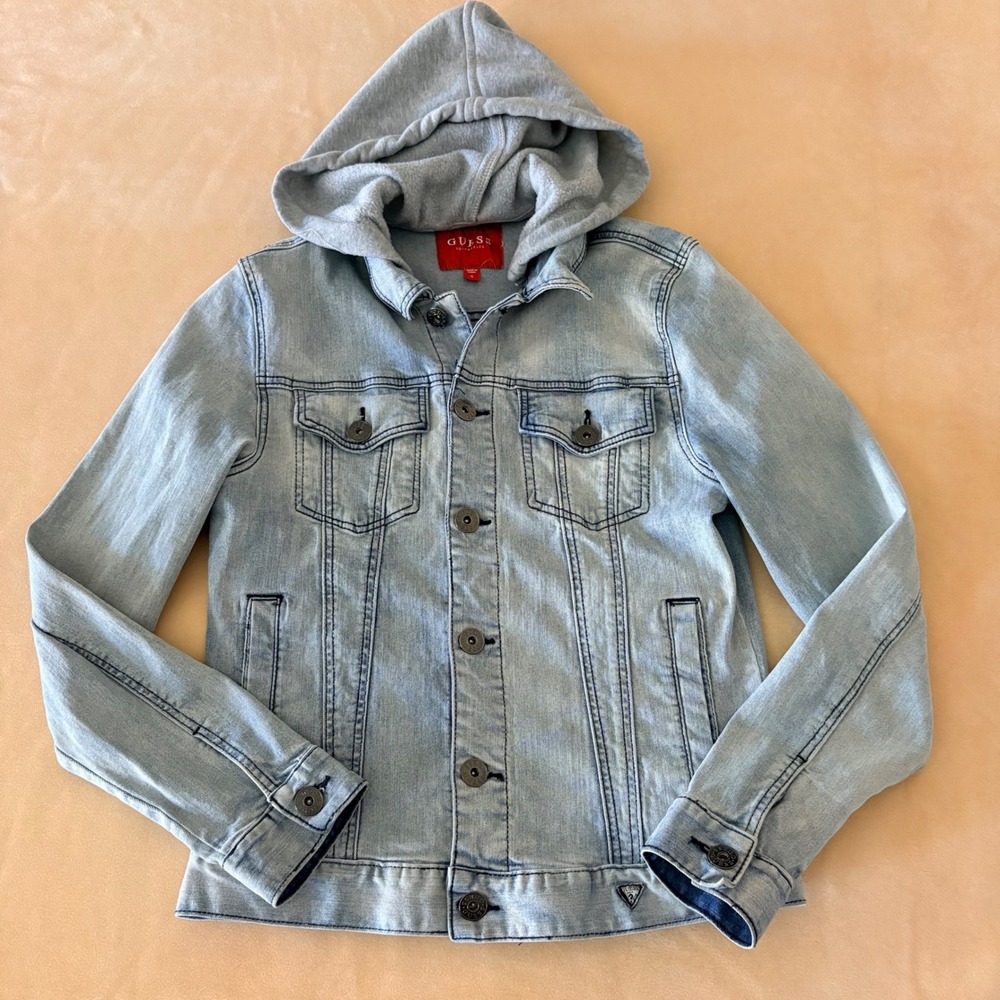 Guess Los Angeles Womens Denim Jacket Light Wash Detachable Hood Small